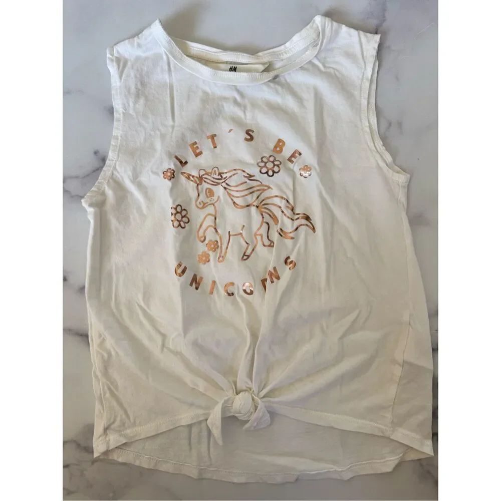 H&M girls white unicorn fantasy tank top summer girly fairycore gold cotton